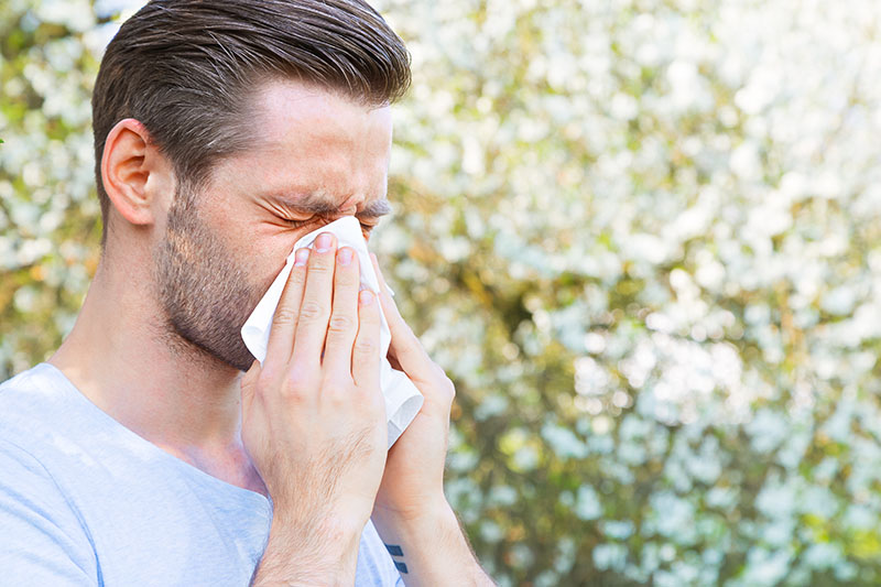 Mies niistää nenäänsä kausiluonteisen allergisen nuhan aiheuttamien oireiden vuoksi